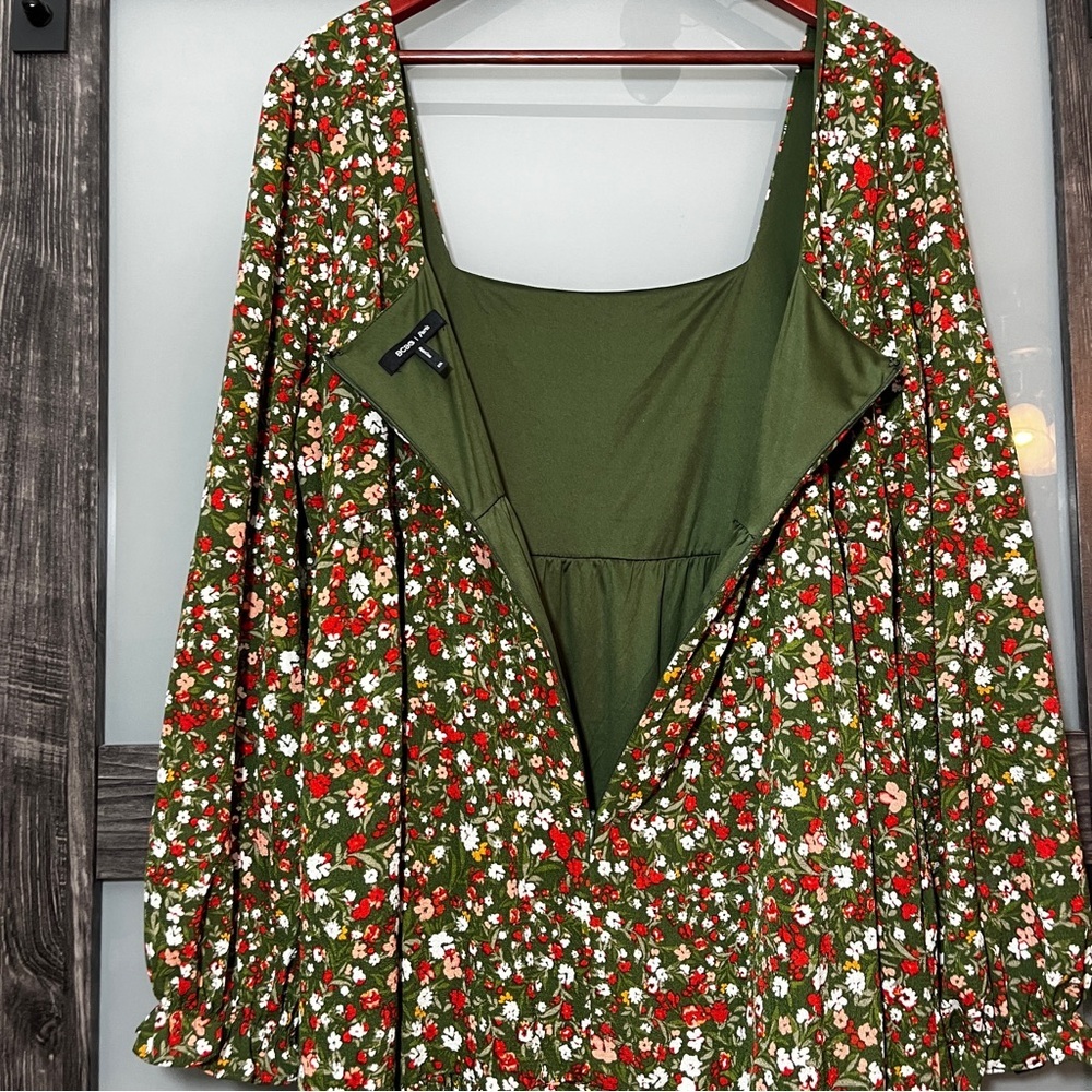 BCBG Olive Green Babydoll Micro Floral Peasant Women's XXL Dress Square Neckline - Picture 8 of 13